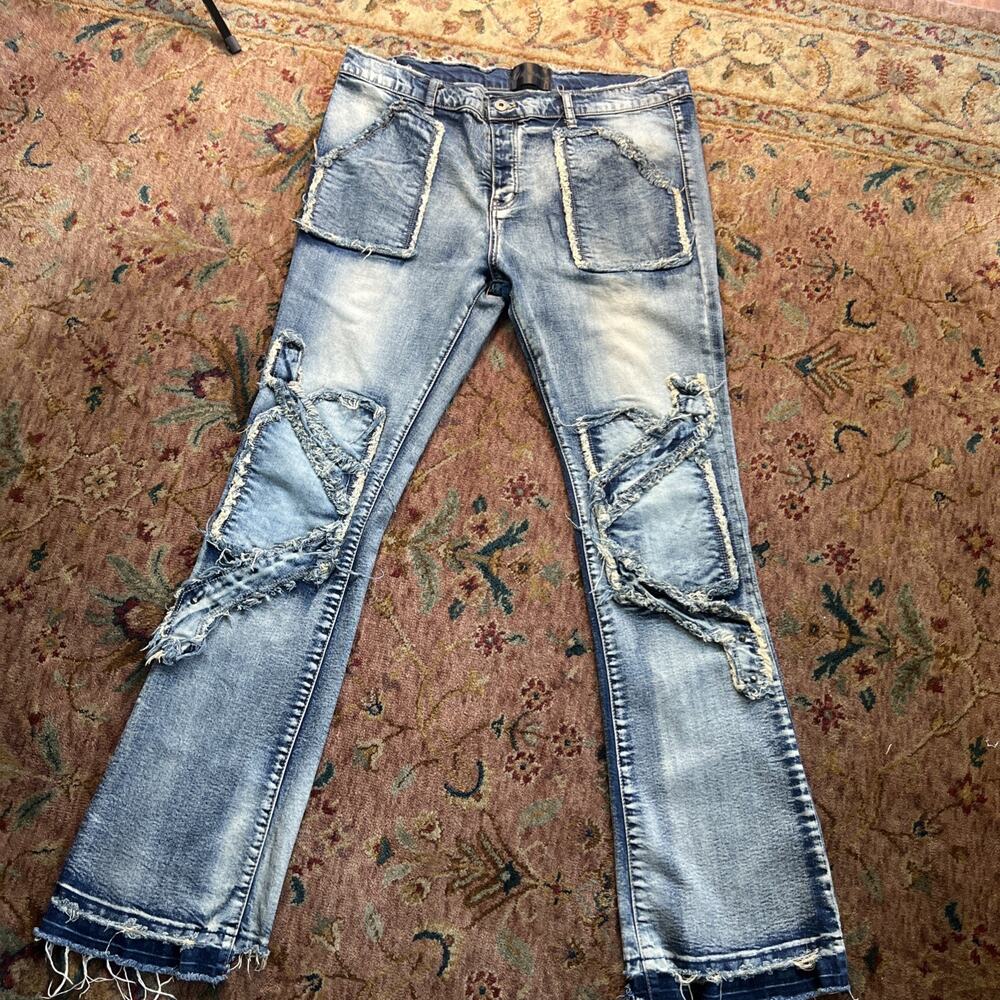 Valabasas Cargo Jeans Stacked Raw Hem Flare Fray Cross Knee Streetwear 40 Denim